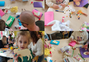 dzieci wraz z rodzicami przy stoliczkach tworzą kartki wielkanocne