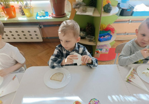 Chłopiec w koszuli w kratę trzyma w ręce serwetkę.