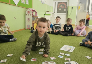Chłopiec w zielonej bluzie siedzi na zielonym dywanie i segreguje odpady.