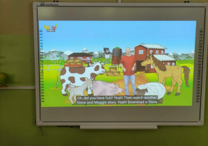 Ekran, na którym widać film edukacyjny w języku angielskim o zwierzętach.