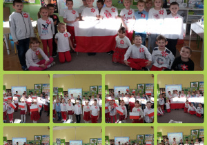 Dzieci w biało czerwonych strojach śpiewają hymn narodowy