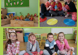 Dzieci siedzą na dywanie i prezentują prace wykonane z marchewki
