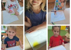 Dzieci przy stolikach zmieniają narysowane na kartkach kropki w inne przedmioty i rzeczy.