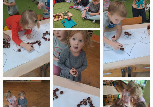 Dzieci w małych grupach układają wzory z kasztanów