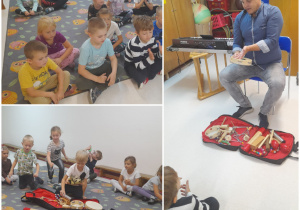 Dzieci poznają instrumenty muzyczne prezentowane przez nauczyciela