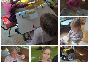 Dzieci przy stolikach wyklejają bibułą sylwetę gruszki
