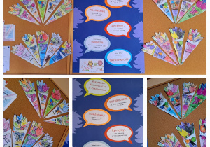Plakat z życzeniami i bukiety przygotowany przez grupę sówki dla pracowników przedszkola