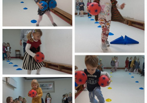 Dzieci na sali gimnastycznej biorą udział w wyścigach z piłkami/ bieg slalomem/ przeskok