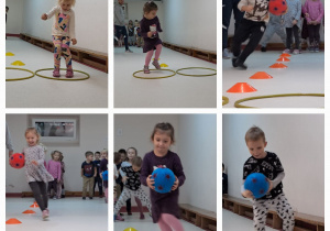 Dzieci na sali gimnastycznej biorą udział w wyścigach z piłkami/ bieg slalomem/ przeskok
