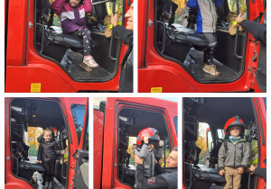 Dzieci siedzą w wozie strażackim ubrane w hełm strażacki