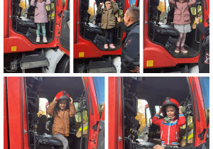 Dzieci siedzą w wozie strażackim ubrane w hełm strażacki