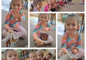 Dziewczynka pozuje do zdjęcia z torbą cukierków, pokazuje na palcach ile ma lat / dzieci siedzą na dywanie i śpiewają Sto lat