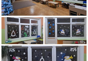 Sala grupy sówki w zimowej odsłonie. Na oknach dekoracje bałwanki, choinki, bombki, renifer i śnieżynki