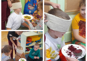 Dzieci z zakrytymi oczami próbują warzyw: buraka, ogórka i innych