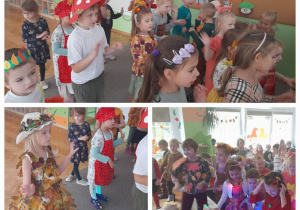 Grupa dzieci w strojach o tematyce jesiennej tańczy na balu