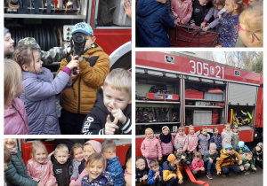 Grupa dzieci pozuje do zdjęcia z wyposażeniem wozu strażackiego