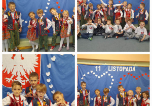 Dzieci w strojach krakowskich pozują do zdjęcia na tle dekoracji patriotycznej