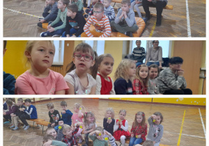 Dzieci siedzą na widowni i z uwagą oglądają przedstawienie / dzieci pozują do zdjecia z odblaskami