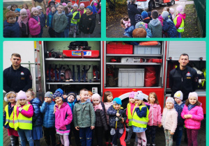 Grupa dzieci pozuje do zdjęcia ze strażakami w tle wóz strażacki