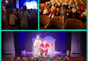 Dzieci z zaciekawieniem oglądają spektakl/ dzieci pozuje do zdjęcia w tle scena teatru, aktorzy przebrani za Mikołaja i Zimę