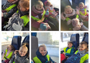 Dzieci w kamizelkach odblaskowych siedzą w busie w drodze na wycieczkę