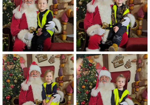 Dziewczynka i chłopiec siedzą na kolanach u św. Mikołaja i uśmiechają się do zdjęcia