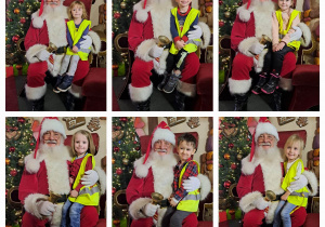 Dziewczynka i chłopiec siedzą na kolanach u św. Mikołaja i uśmiechają się do zdjęcia