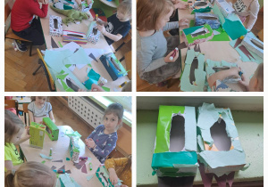 Dzieci siedzą przy stoliku i oklejają pudełka na zielono