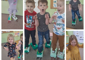 Dzieci pozują do zdjęcia na stopach mają założone pudełka imitujące łapy dinozaura