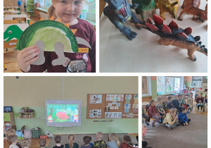 Dziewczynka uśmiecha się do zdjęcia z dinozaurem/ figurki dinozaurów/ Dzieci oglądają film o dinozaurach / dzieci siedzą na dywanie