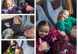 Dzieci siedzą w autokarze i uśmiechają się do zdjęć