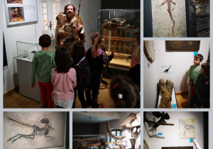 Dzieci oglądają eksponaty w muzeum przyrodniczym - prehistoria