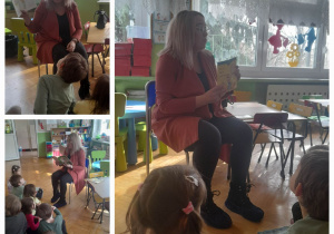 Kobieta siedzi na krześle i czyta dzieciom książkę. Dzieci siedzą na dywanie