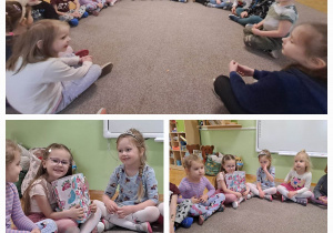 Dzieci siedzą na dywanie i składają koleżance życzienia
