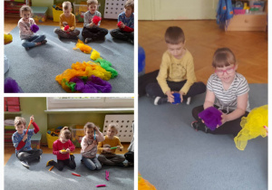Dzieci siedzą na dywanie i wykonują zadania z kolorowymi chustami