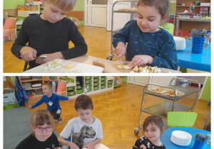 Dzieci siedzą przy stoliku i kroją produkty do sałatki jarzynowej