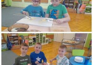 Dzieci siedzą przy stoliku i kroją produkty do sałatki jarzynowej