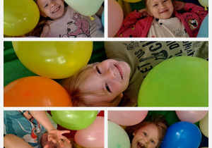 Uśmiechnięte twarze dzieci na tle kolorowych balonów