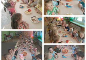 Dzieci siedzą przy stolikach i jedzą lody, na stołach stoi poczęstunek
