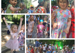 Grupa dzieci bierze udział w zabawach taneczno-ruchowych w ogrodzie