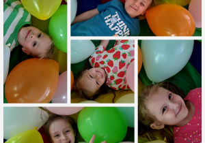 Uśmiechnięte twarze dzieci na tle kolorowych balonów