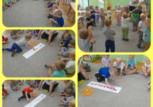 Kolaż- Dzieci siedzą na dywanie, układają sekwencję przy pomocy nauczyciela oraz tańczą.