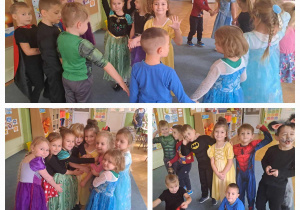 Dzieci tańczą w kole / dzieci w grupkach pozują do zdjęcia z koleżanką która ma urodziny