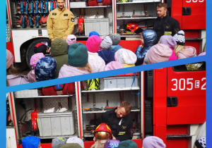 Dzieci uważnie słuchają przedstawicieli Straży Pożarnej.