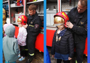 Dzieci przymierzają kaski strażackie.