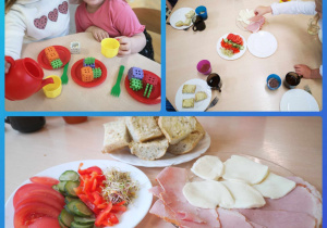 Kolaż zdjęć. Dziewczynki pozują do zdjęcia z przygotowanym przez siebie " zabawkomym śniadaniem" oraz zdjecia produktów przygotowanych na II śniadanie.