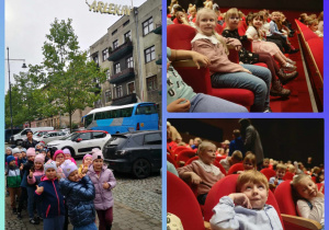 Kolaż zdjęć.Dzieci przed wejściem do teatru oraz dzieci siedzą w fotelach teatralnych.