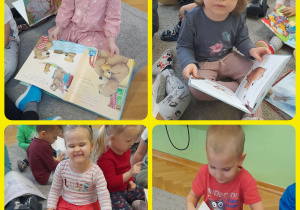 Kolaż zdjęć. Dzieci siedzą na dywanie i oglądają przyniesione książki.