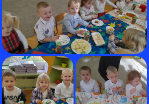 Dzieci siedzą przy stole i zajadają zdrowe przekąski.