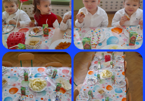 Dzieci siedzą przy stole i zajadają zdrowe przekąski.